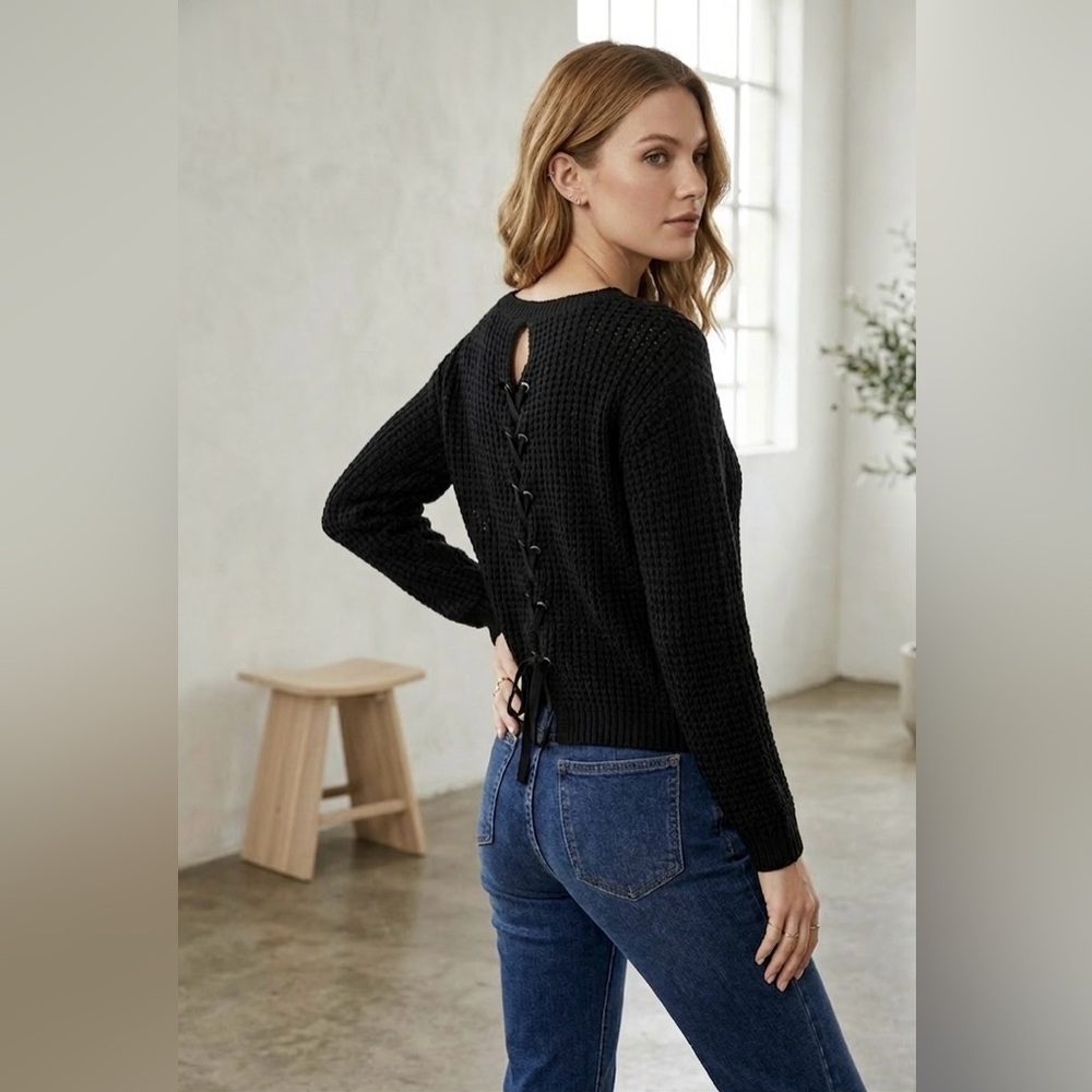 Black Open-Weave Crewneck Sweater by Zoey
